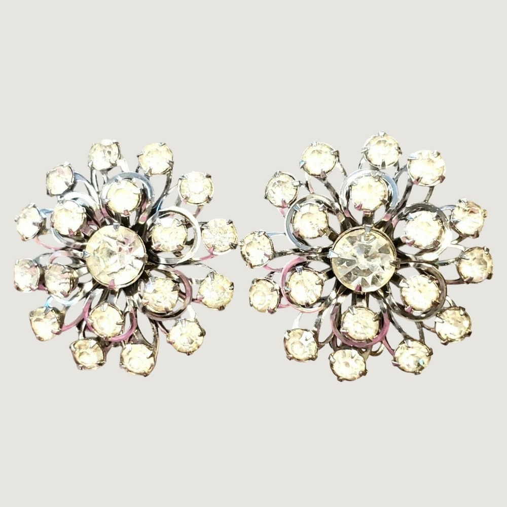 Vintage Rhinestone Clip-on Earrings, Large Deadstock Mid-century Jewelry Wedding